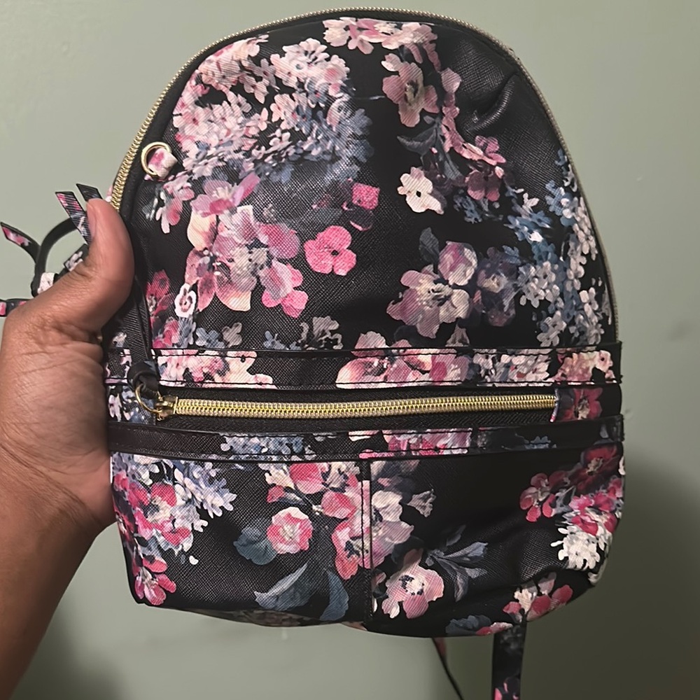 Black and Pink Floral Backpack with Elegant Design